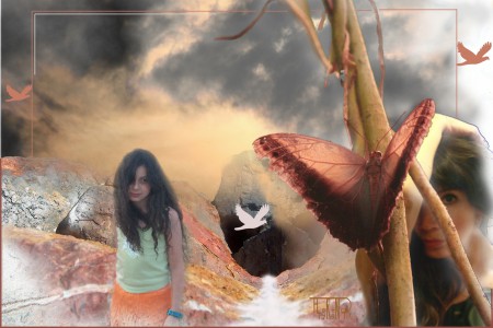 jeune fille montant d'un sentier et femme devant un papillon rouge posé sur une liane dans un paysage déserté.